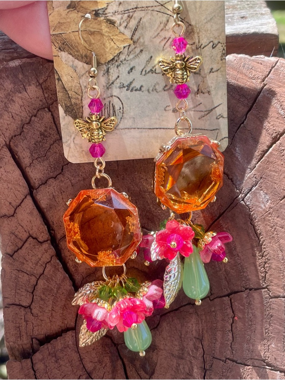 Gold Bee Drop Earrings with Orange Crystal and Pink-Green Accents - Picture 7 of 11